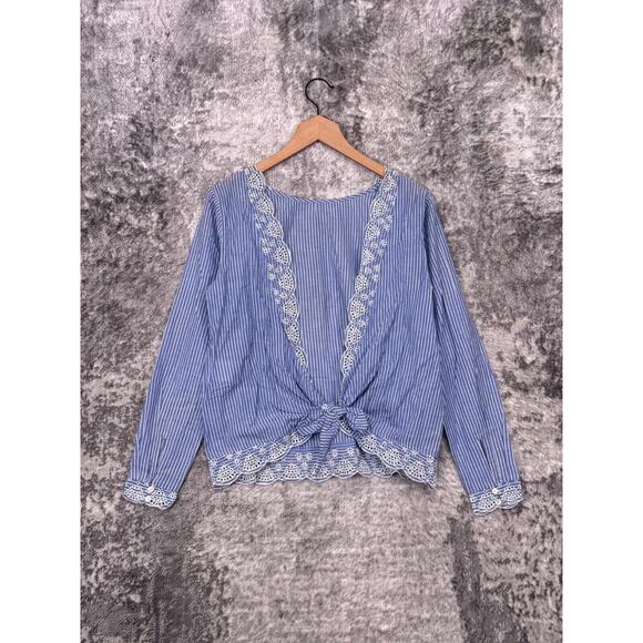 Sezane Top 38 / US 6 Womens Tracy Blouse Blue Striped Scallop Hem Eyelet Tie - Picture 3 of 8